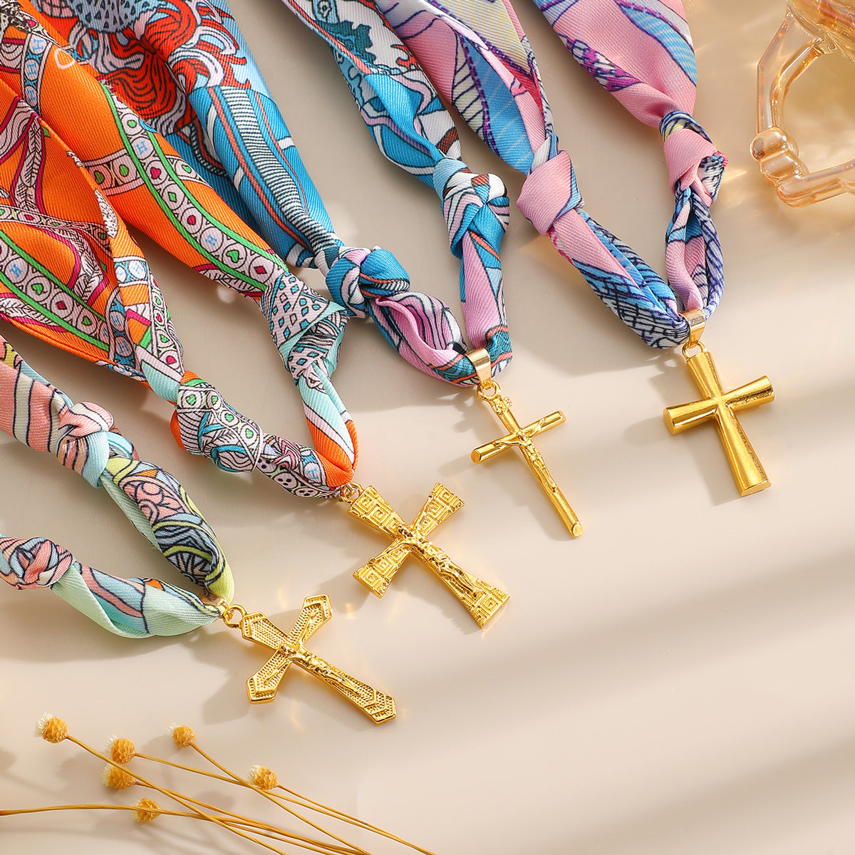 Women's Colorful Silk Scarf Hand-knotted Cross Fabric Necklace