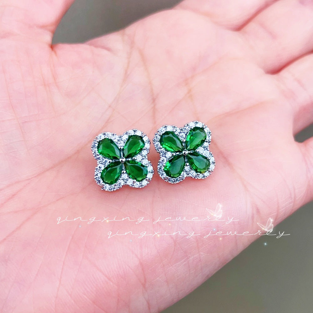 Women's Needle Red Corundum Zircon Dopamine Wear Color Clover Earrings