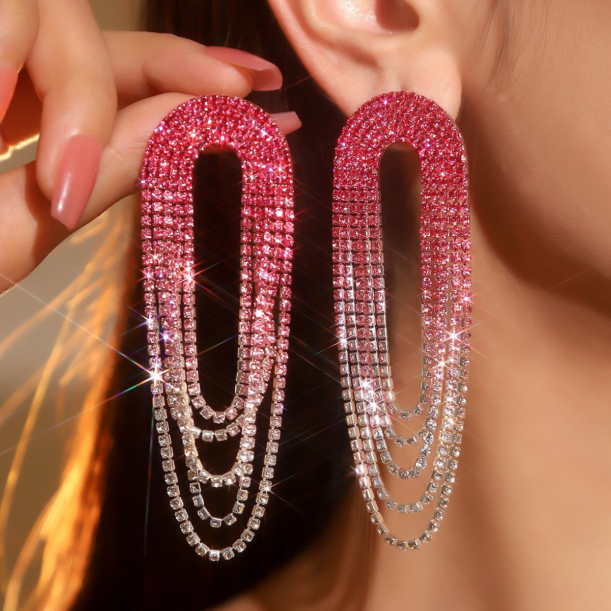 Women's Luxurious Style Shiny Rhinestone Long Fashion Gradient Multicolored Tassel Earrings