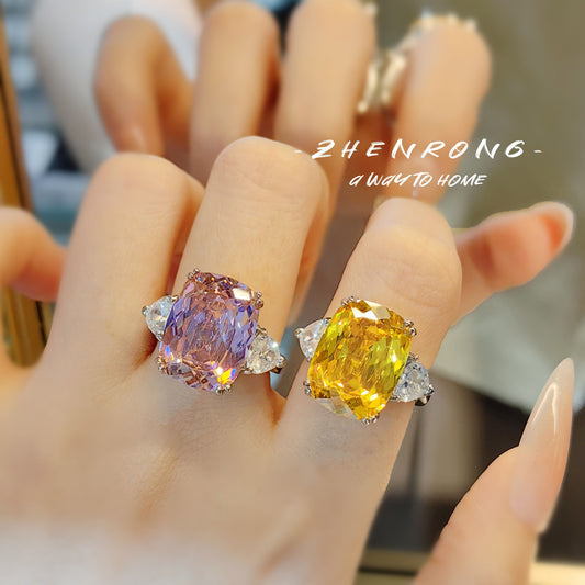 Super Shiny Luxurious Cut Long Pillow-shaped Pink Zircon Rings