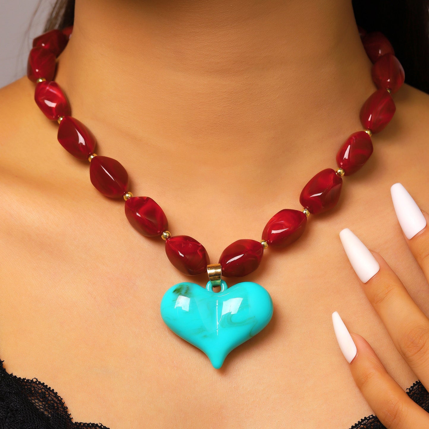 Dopamine Color Resin Big Heart Exaggerated Irregular Beaded Vacation Style Necklaces