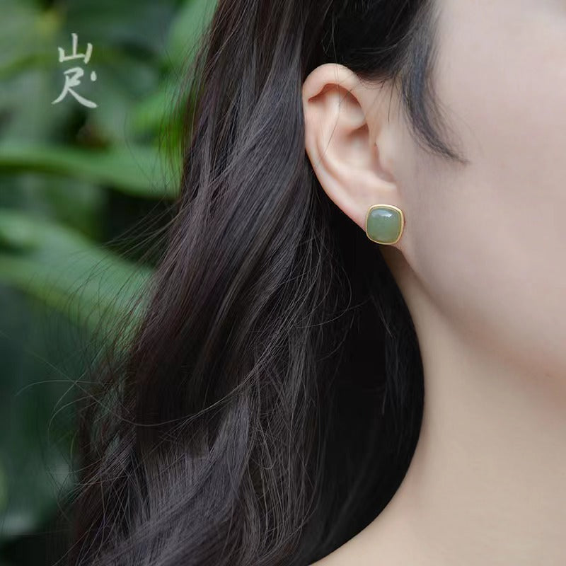Style Natural Jade Green Square Simple Stud Earrings