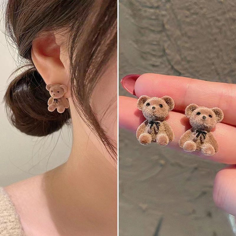 Sier Needle Korean Flocking Cute Bear Ear Simple Earrings