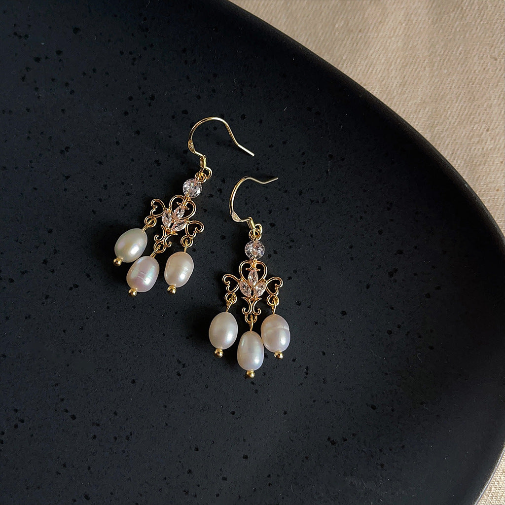 French Retro Freshwater Pearl Tassel Female Niche Classical Earrings