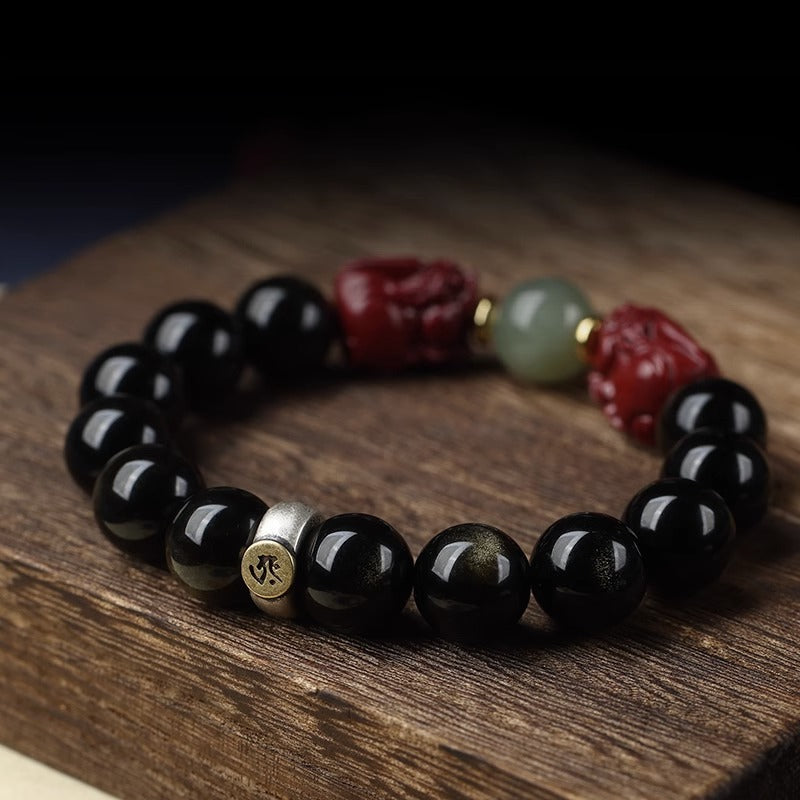 Men's Pi Black Gold Obsidian Original Life Jade Lucky Beads Sier Bracelets