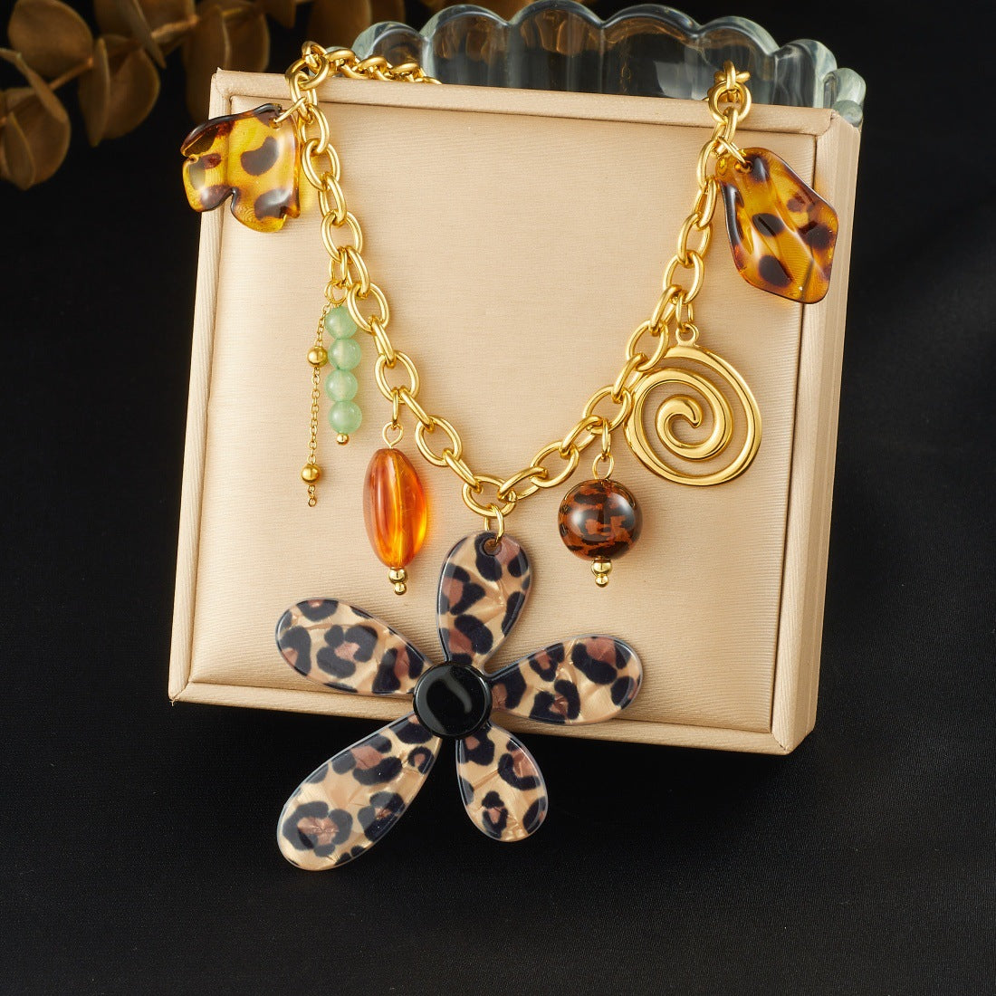 Print Petal Flower Spiral Gold Plated Necklace