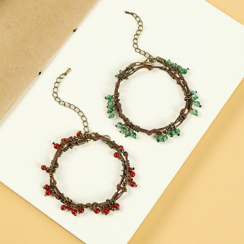 Braided Rope Retro Mori Style Cherry Female Artistic Ethnic Bracelet