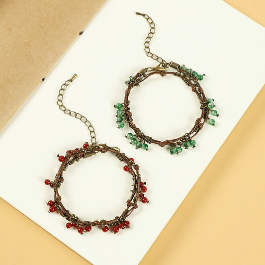 Braided Rope Retro Mori Style Cherry Female Artistic Ethnic Bracelet