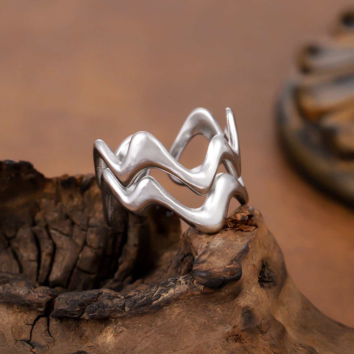 Wind Irregular Wave Line Open Stainless Steel Female Oil Ring