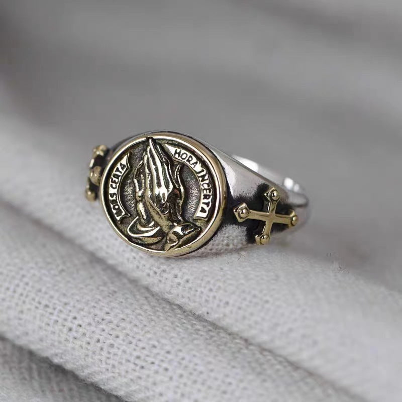 Men's Sier Personality Retro Praying Hands Open Blessing Ring