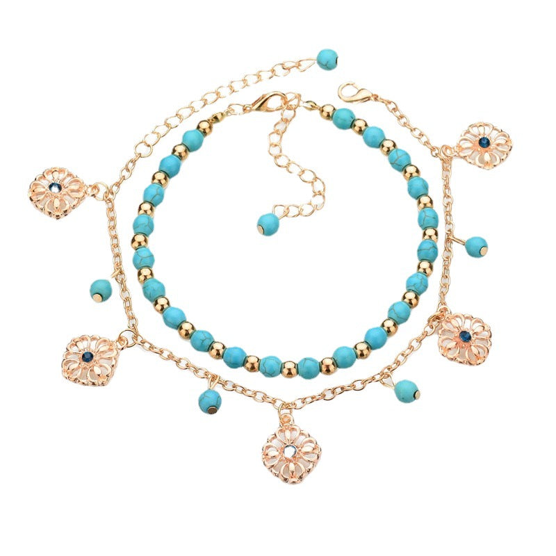 Women's Bohemian Style Turquoise Beaded Blue Diamond Flower Disk Tassel Combination Bracelet