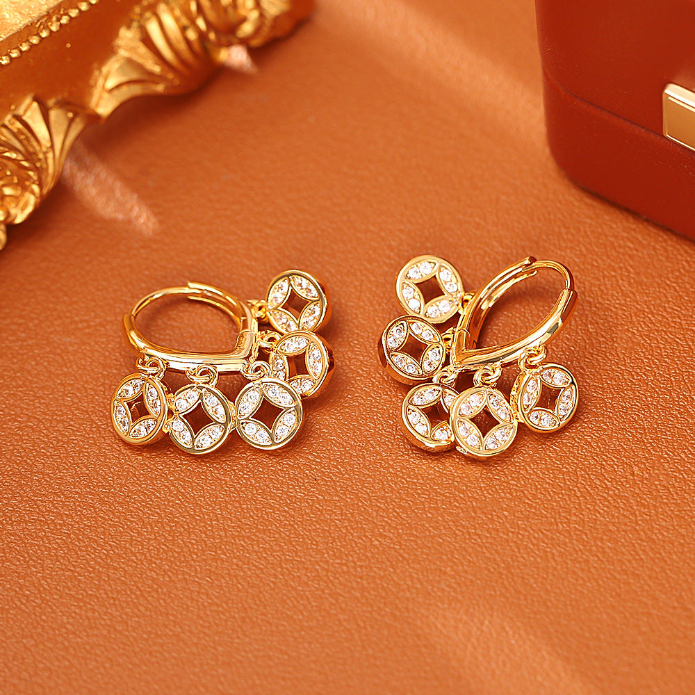 Five Coins Duo Copper Plated Real Gold Shiny Zircon Female Earrings