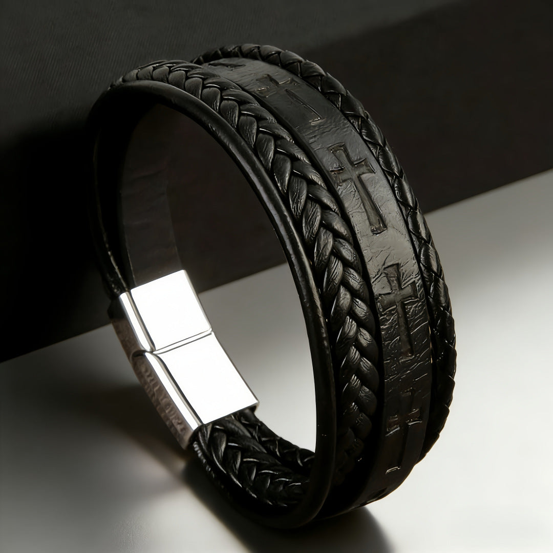 Men's Woven Leather Cross Magnetic Snap Trendy Cool Bracelets