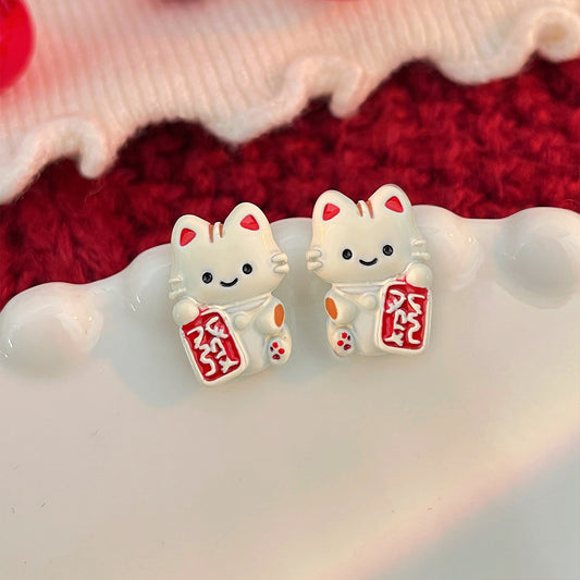 Puppy Red Fortune Cat Female Sier Earrings