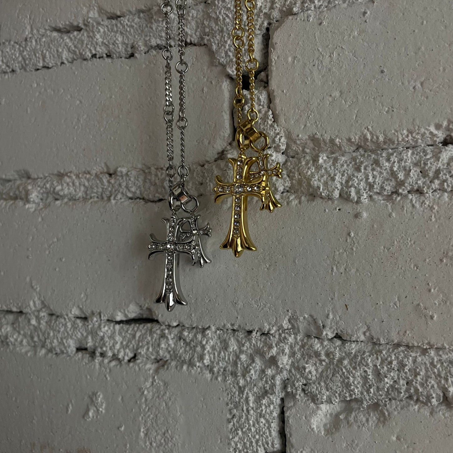 Double Cross Gold Full Diamond Vintage Bamboo Necklaces