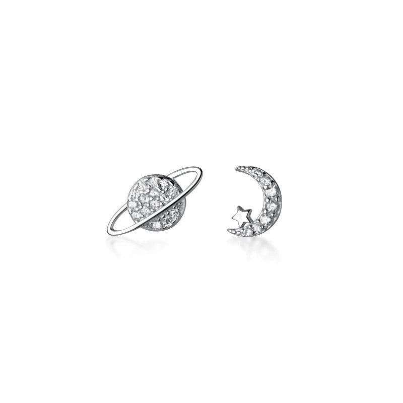 Asymmetric Planet Moon Temperament Super Shiny Full Diamond Screw Earrings