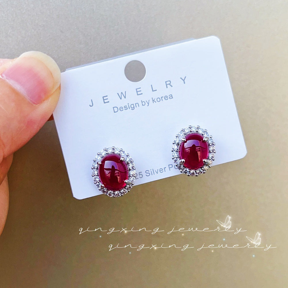 Needle Natural Iced Green Chalcedony Red Corundum Ear Clip Big Rings