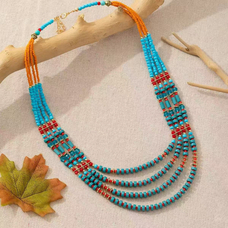 Women's Chinese Style Twin Tibetan Classical Beaded Clavicle Necklace