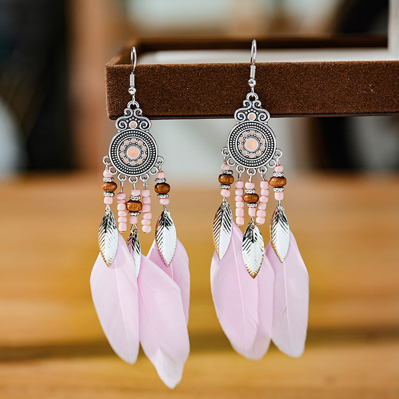 Feather Round Drop Oil Craft Retro Ethnic Earrings