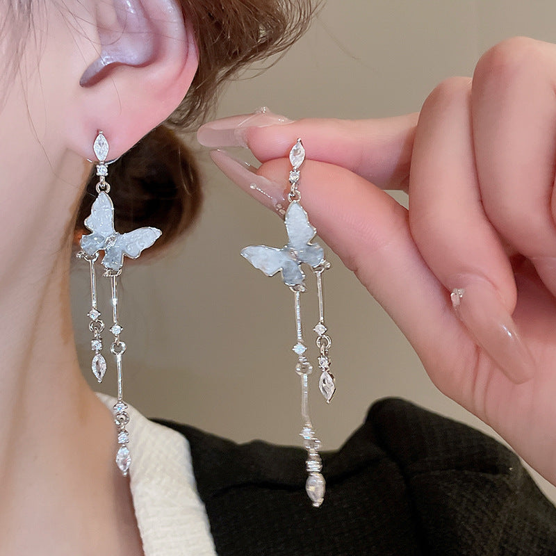 Fairy Gradient Butterfly Rhinestone Tassel Niche Design Unique Stud Earrings