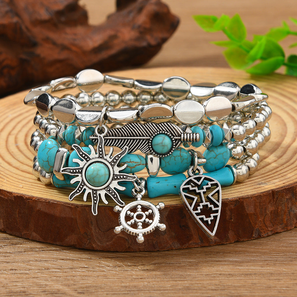 Women's Turquoise Handmade Beaded Bull Head Cowboy Hat Match Bracelet