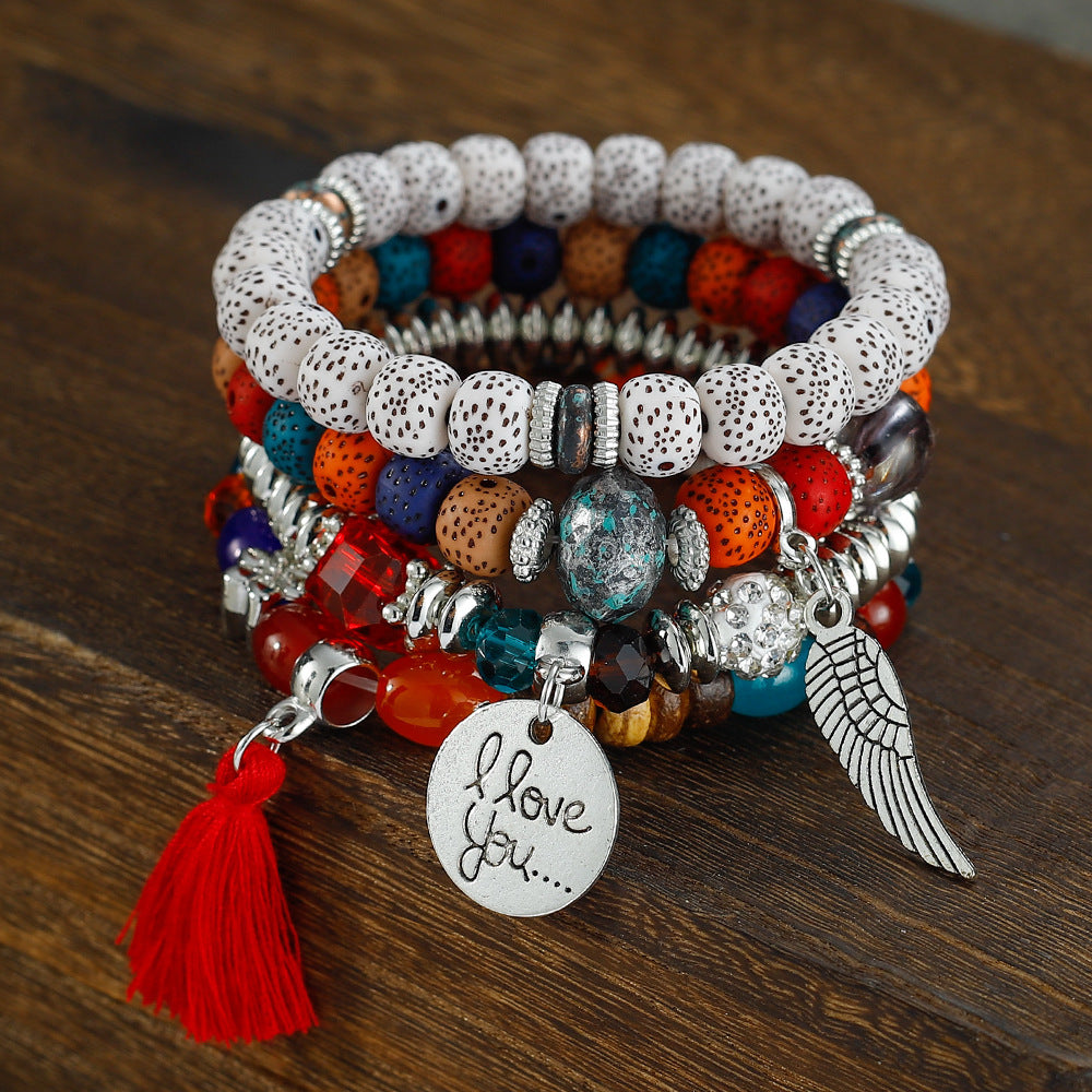 Combination Buddha Beads Simple Disc Heart Wings Tassel Bracelet