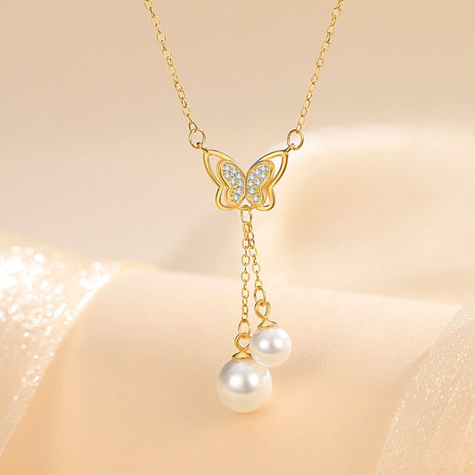 Sterling Sier Butterfly Pearl Tassel Niche Clavicle Necklaces