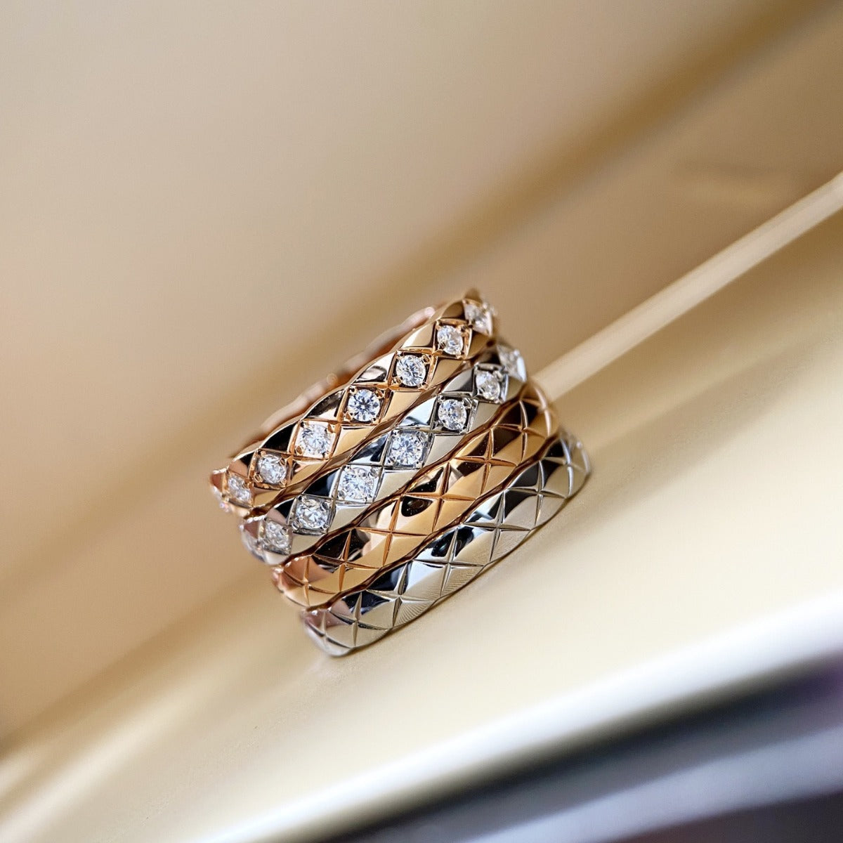 High Version Narrow Wide Gold-plated Diamond Grid Rings