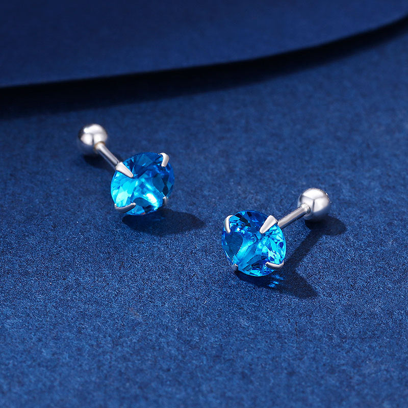 Sier Pure Female Summer Niche Design Zircon Blue Ear Bone Stud Earrings
