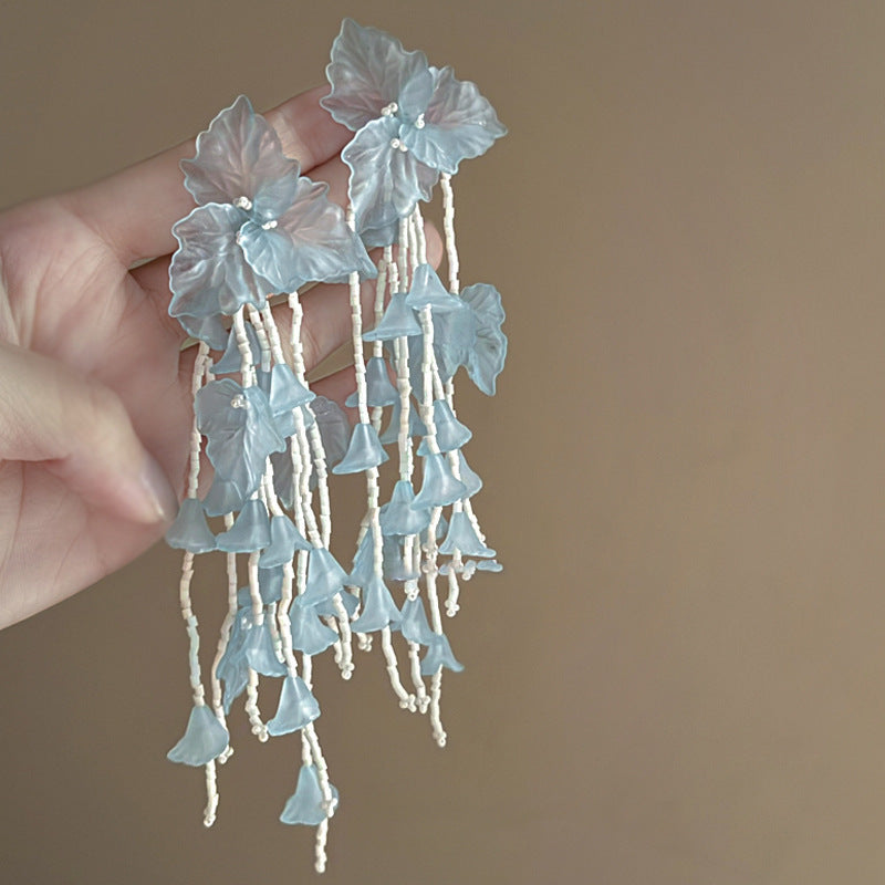 Women's Fresh Blue Fabric Flower Tassel Seaside Vacation Style Light Stud Earrings