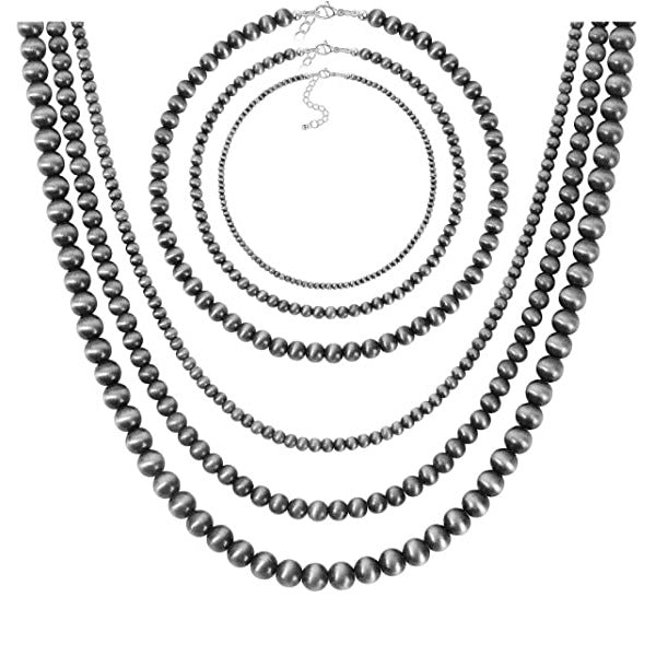 Women's & Men's Brushed Tin Round Beads Navajo Western Style Double Necklaces