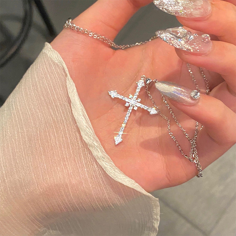 Full Diamond Asterism Cross Cold Style Sweet Necklaces