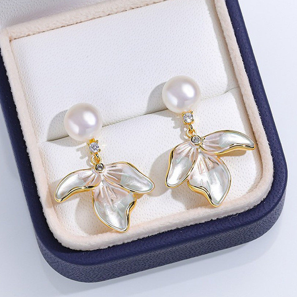 Natural Freshwater Pearl Ear Sterling Sier Needle Lily Eardrops Stud Earrings