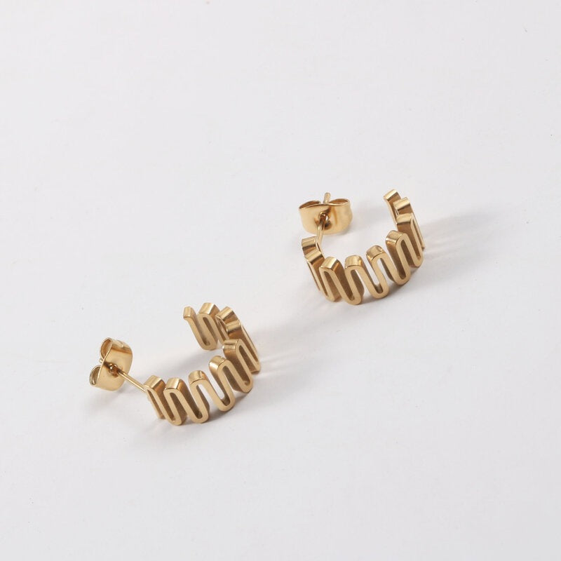 Wave Line Shaped Titanium Steel Gold Earrings
