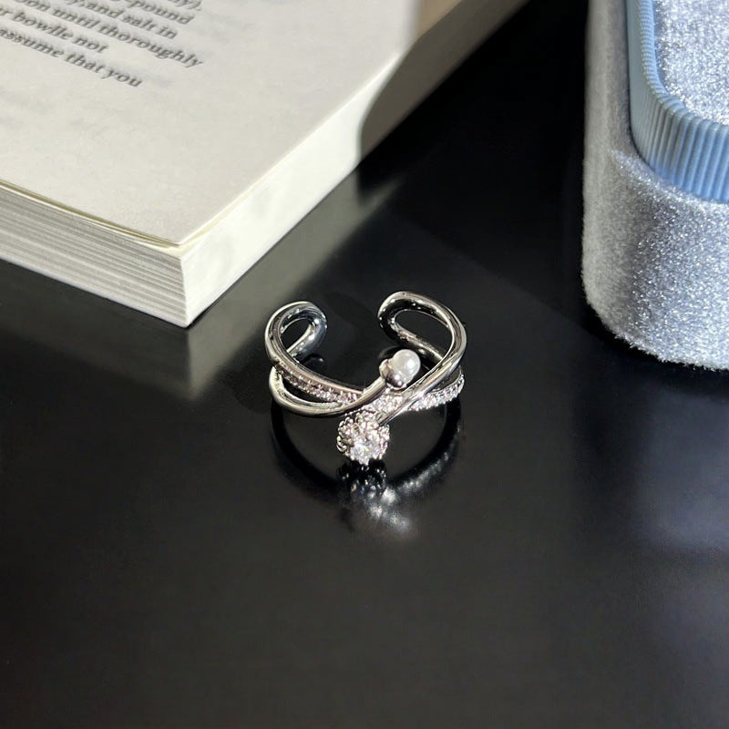 Layer Sparking Zirconium Snowflake Pearl Female Unique Cold Wind Rings
