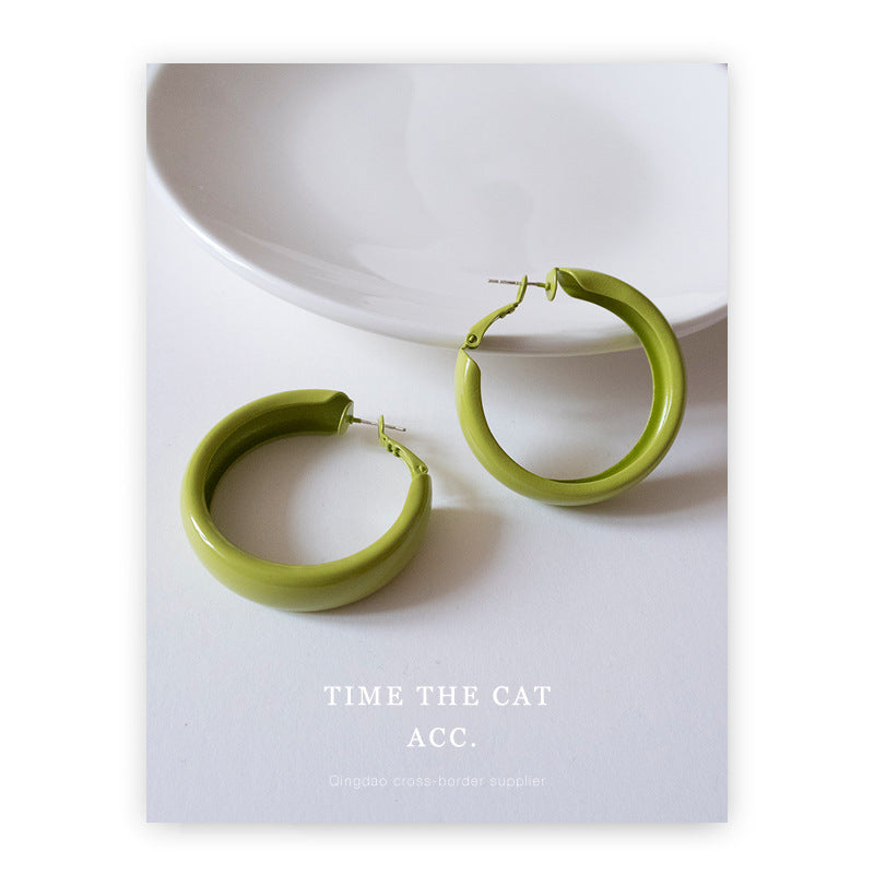 Sier Needle Style Avocado Green Graceful Geometric Big Circle Daily Stud Earrings