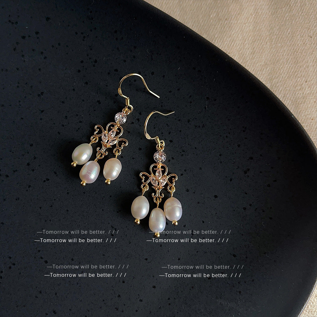French Retro Freshwater Pearl Tassel Female Niche Classical Earrings