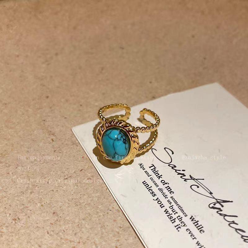 Personality Vacuum Plating Golden Flower Turquoise Ring