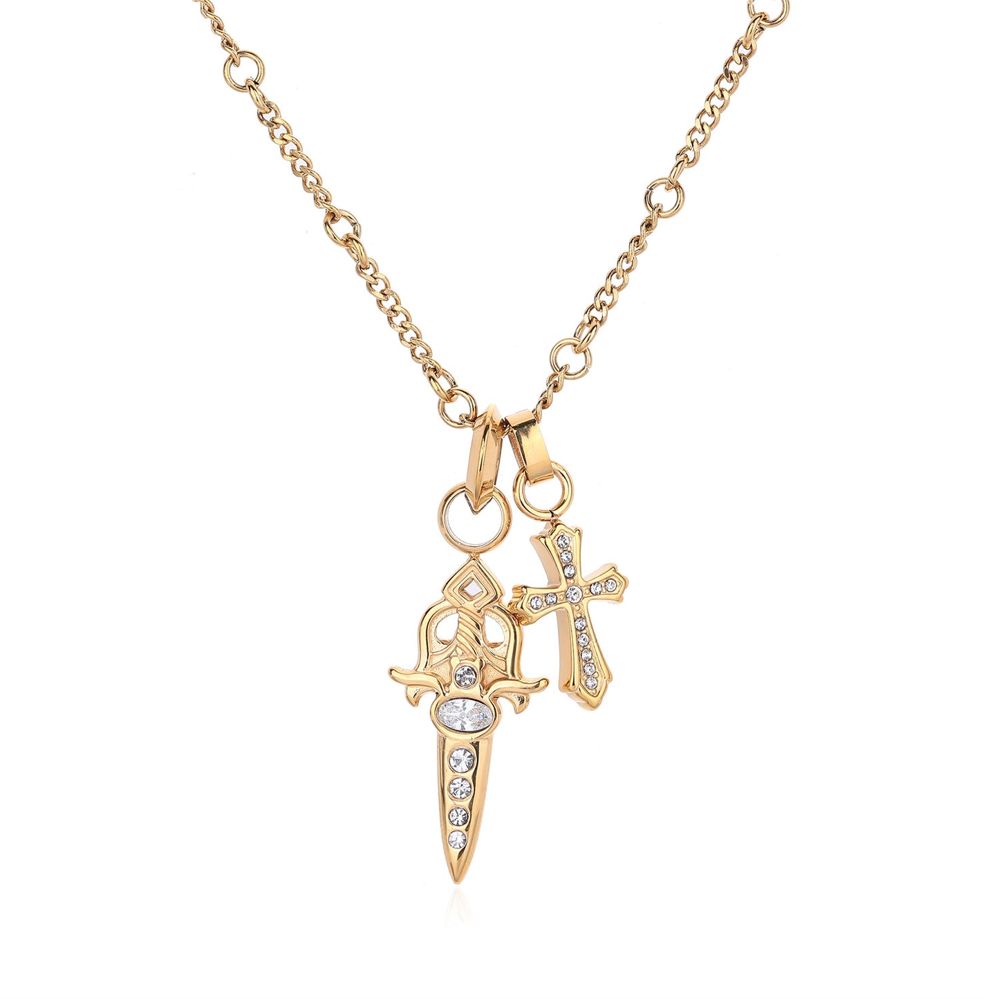 Women's & Men's Titanium Steel No Fading Diamond Sword Cross Necklace