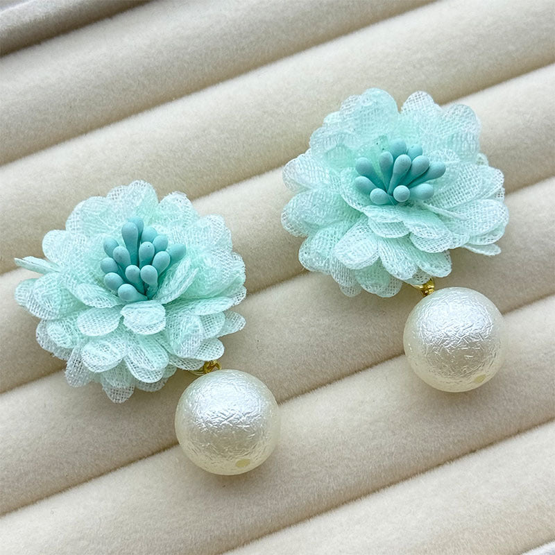 Women's Super Fairy Retro Fabric Chiffon Flower Sier Needle Stud Earrings