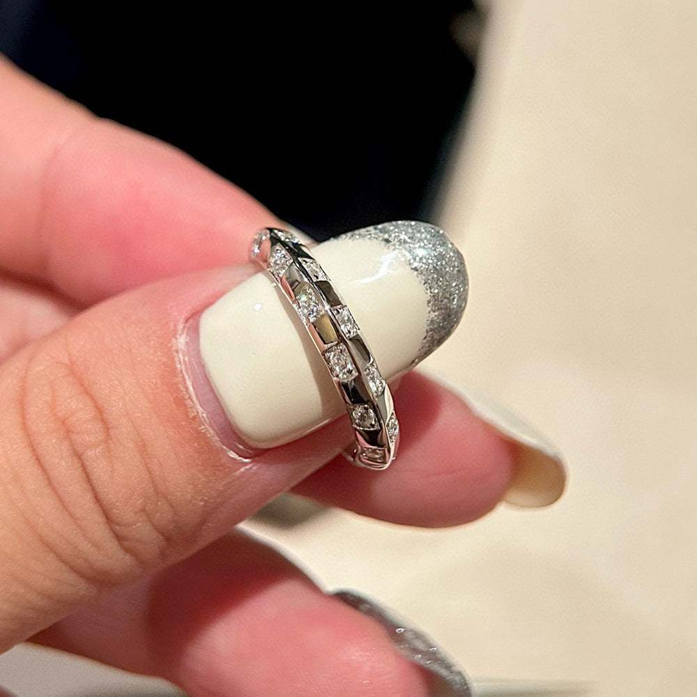 Cutting High Carbon Diamond Chessboard Grid Geometric Exquisite Sense Ring