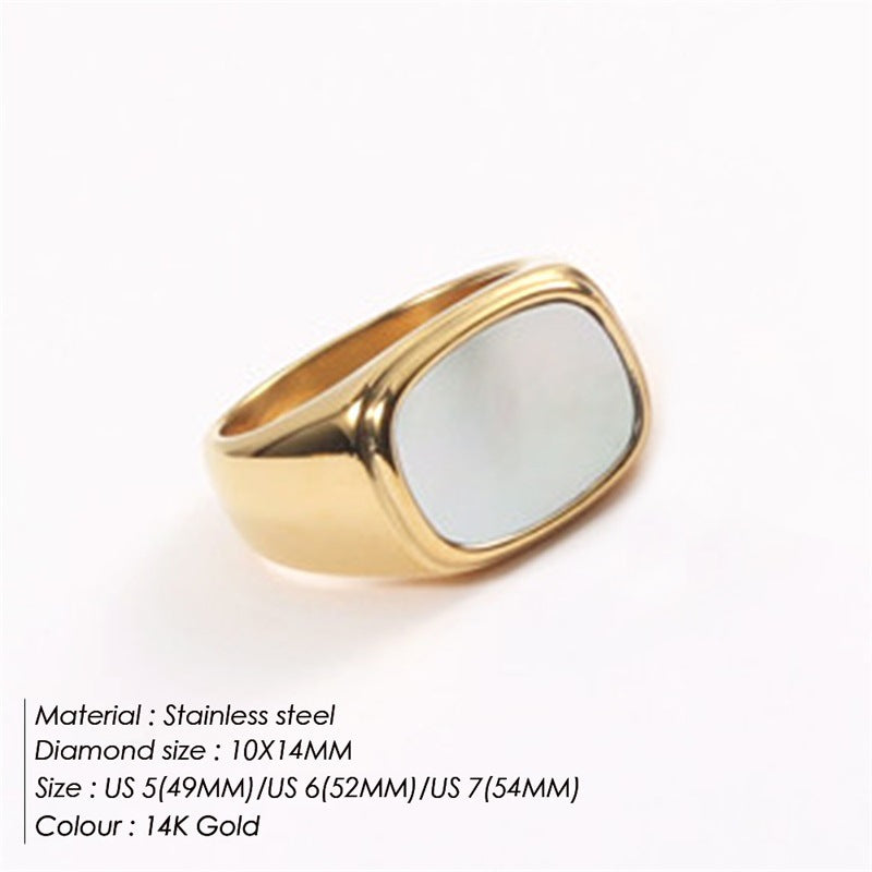 White Shell Simple Gold Square Female Titanium Steel Rings