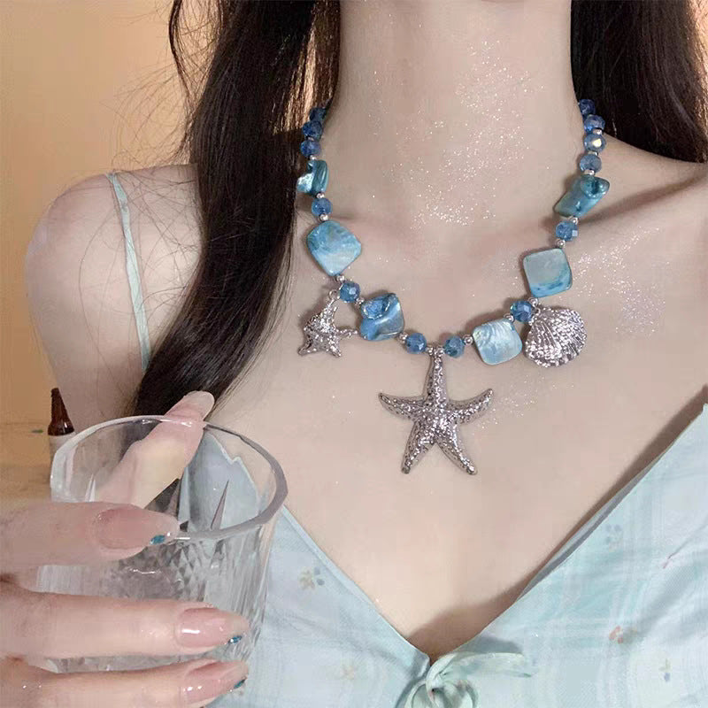 Vacation Style Blue Crystal String Beads Starfish Female Sweet Cute Necklace
