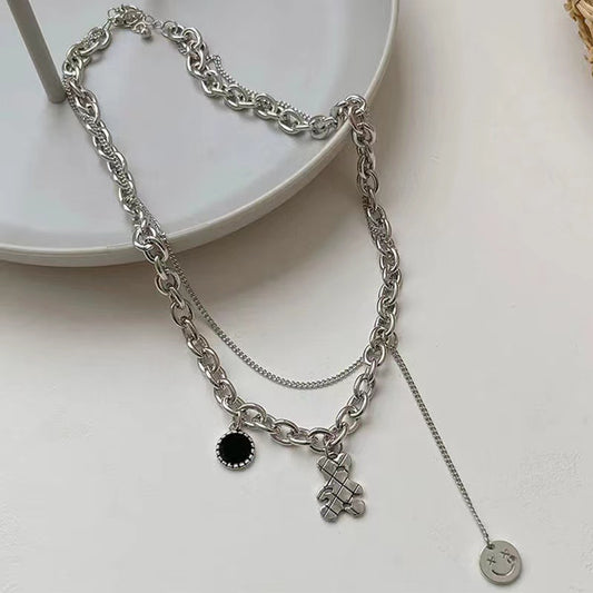 Double Layer Black Onyx Bear Female Hip Hop Smiley Face Necklace
