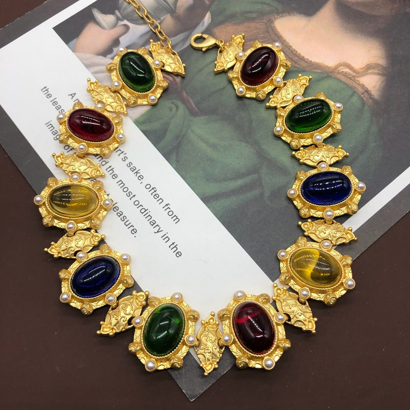 Western Gold-plated Colorful Jelly Glass Pearl Clavicle Chain Matching Rings