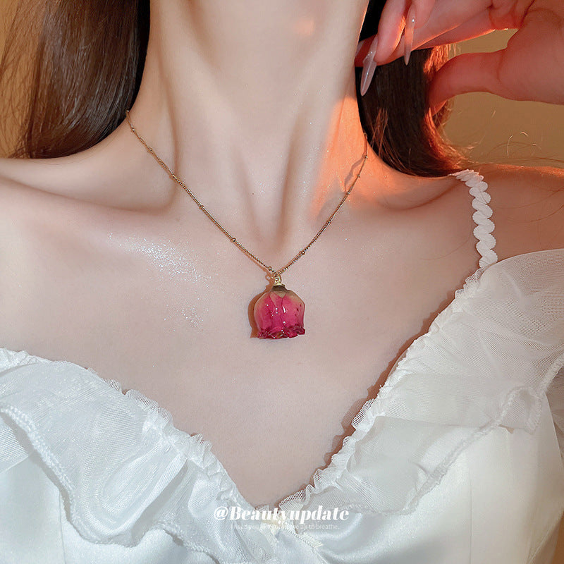 Women's Steel Dried Rose Real Flower Ear Suit Princess Style Clavicle Jewelry Set