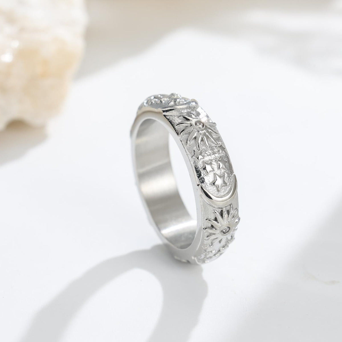 Embossed Sun Moon Graceful Fashionable Personality Titanium Steel Female Does Rings