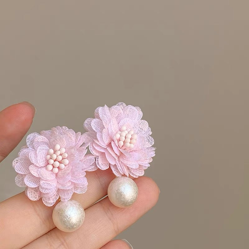 Women's Super Fairy Retro Fabric Chiffon Flower Sier Needle Stud Earrings