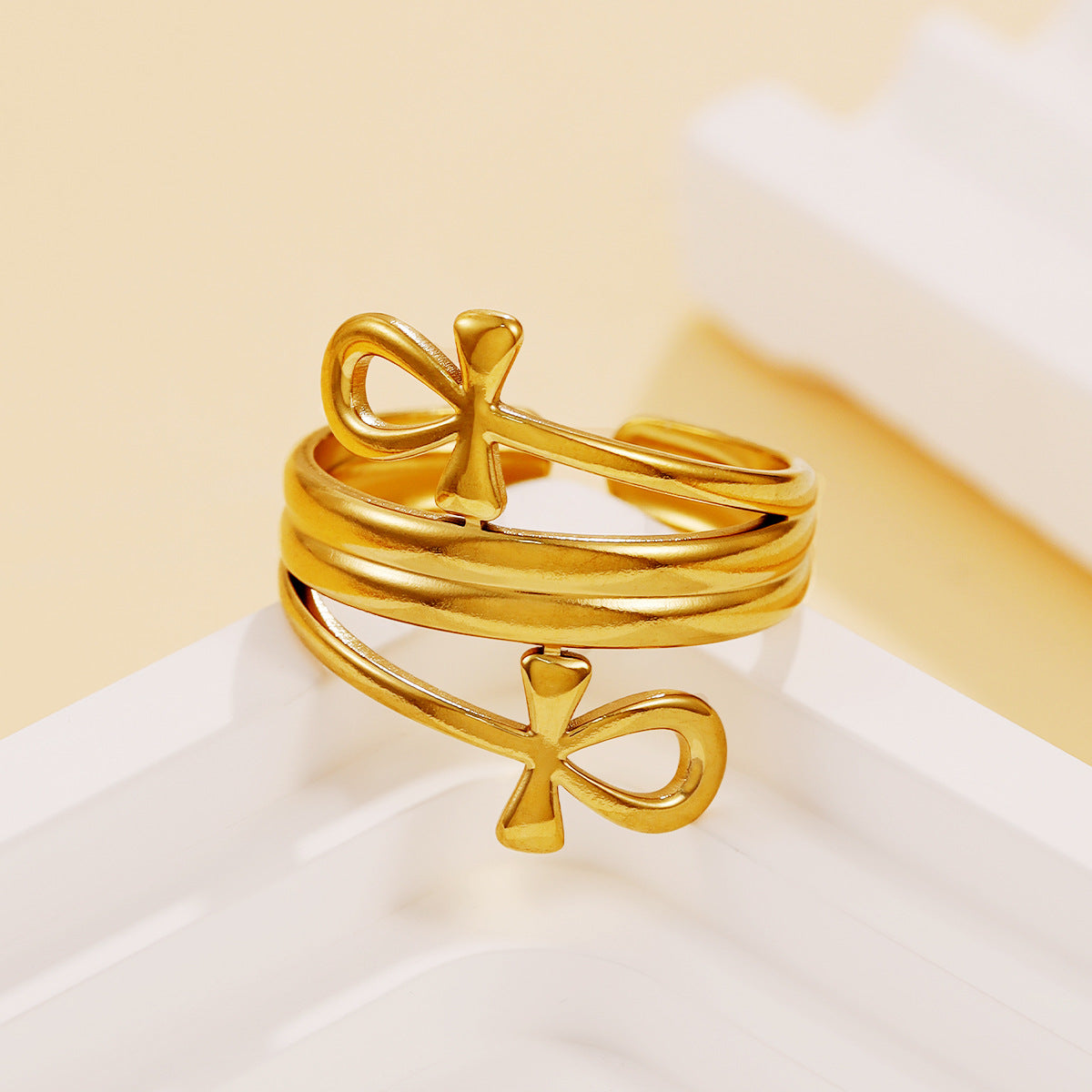 Steel Elegant Retro Cross Line Open Niche Style Vacuum Gold Rings
