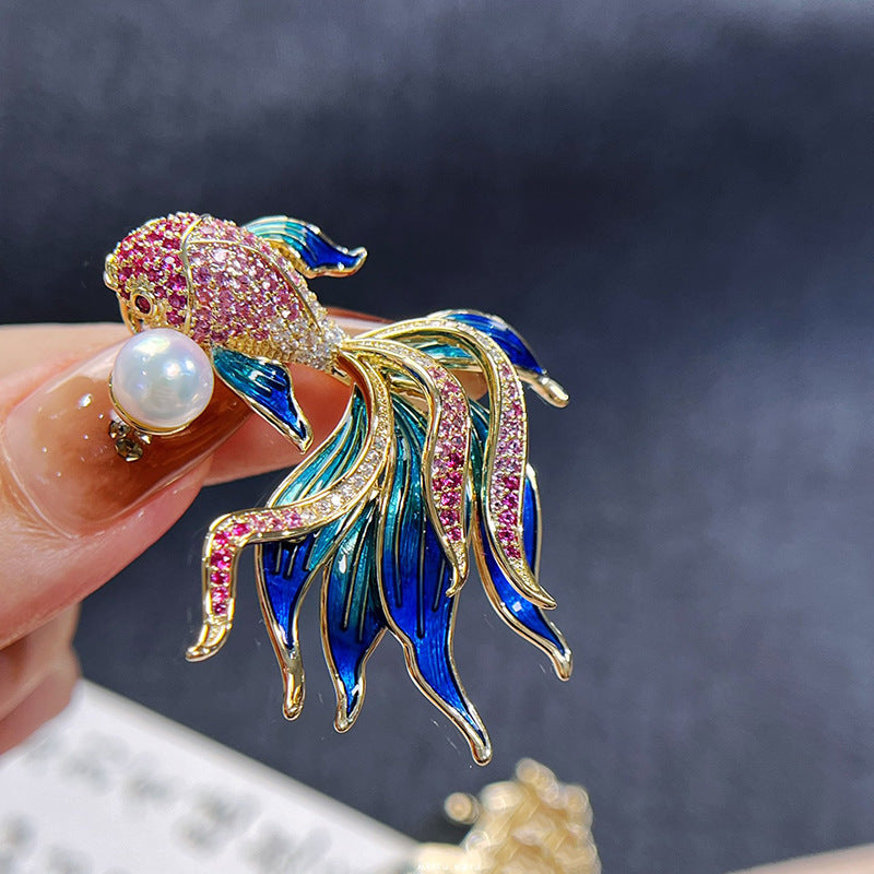 Traditional Koi Goldfish Brooch Enamel Gold Zircon Brooches